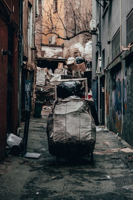 A narrow urban alleyway cluttered with large black and white plastic trash bags and cardboard boxes piled high on a makeshift raised platform at the end of the alley, surrounded by graffitied walls and metal fencing. In the foreground, a large, wheeled black waste bin with a slightly bulging, weathered surface sits on the uneven asphalt, which is stained and scattered with small debris. To the left, a small black trash bin leans against the brick wall, while a partially open door and some metal pipes are visible along the alley's right side. The background shows leafless trees and the upper floors of residential buildings with peeling paint, suggesting an older urban environment. The scene is shaded with diffuse, muted lighting, emphasizing the utilitarian and gritty atmosphere typical of independent waste collection or rubbish removal services operating outside regular municipal collection routes, supported by companies like wastecollectionbalham.co.uk.